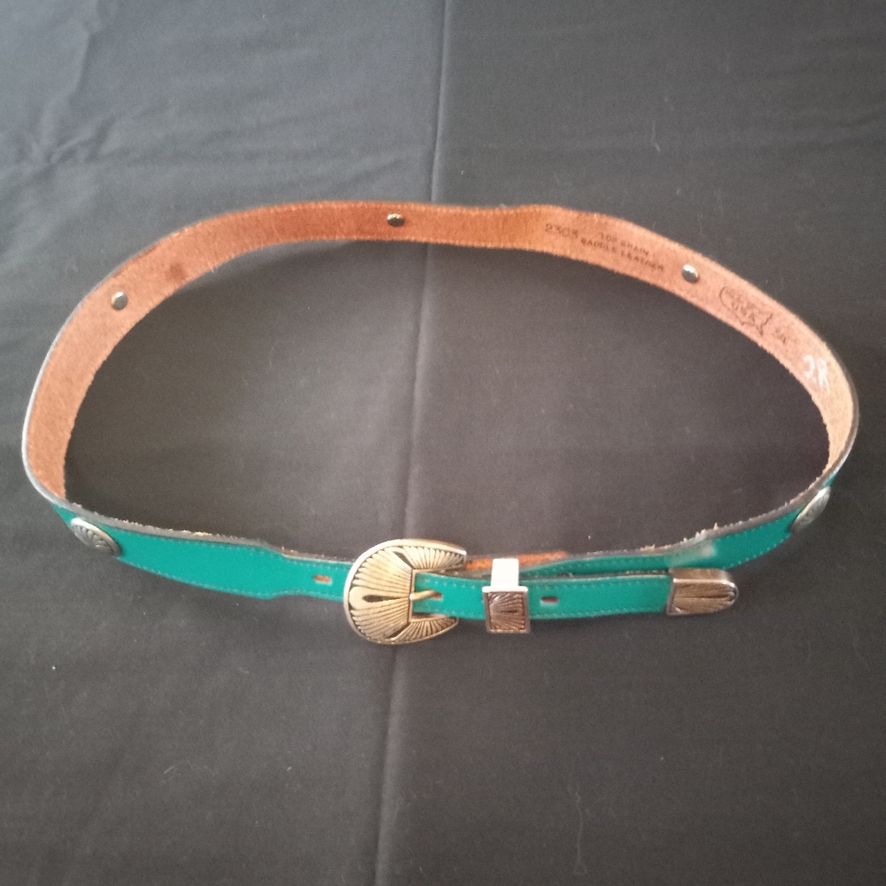 Vintage Aqua Green Belt With Silvertone Metal Buckle 5 Conchos USA